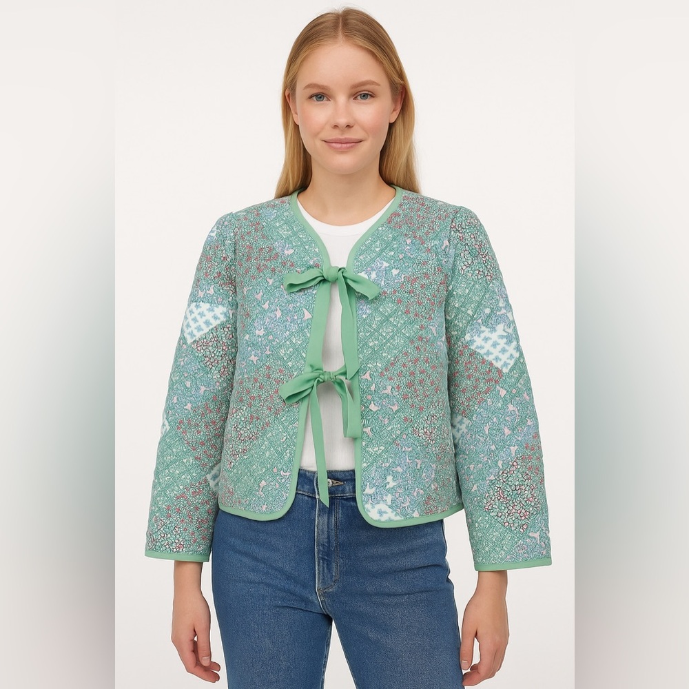 Green Quilted Patchwork Tie-Front Jacket – Cottagecore Boho Style NWT NEW